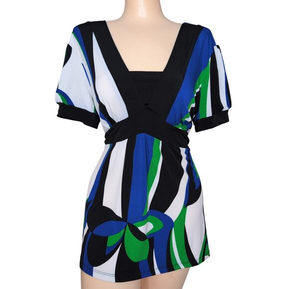 Y2K Colorblock Babydoll Top Small Stretch Back Cutout Statement Abstract Print - Picture 1 of 4